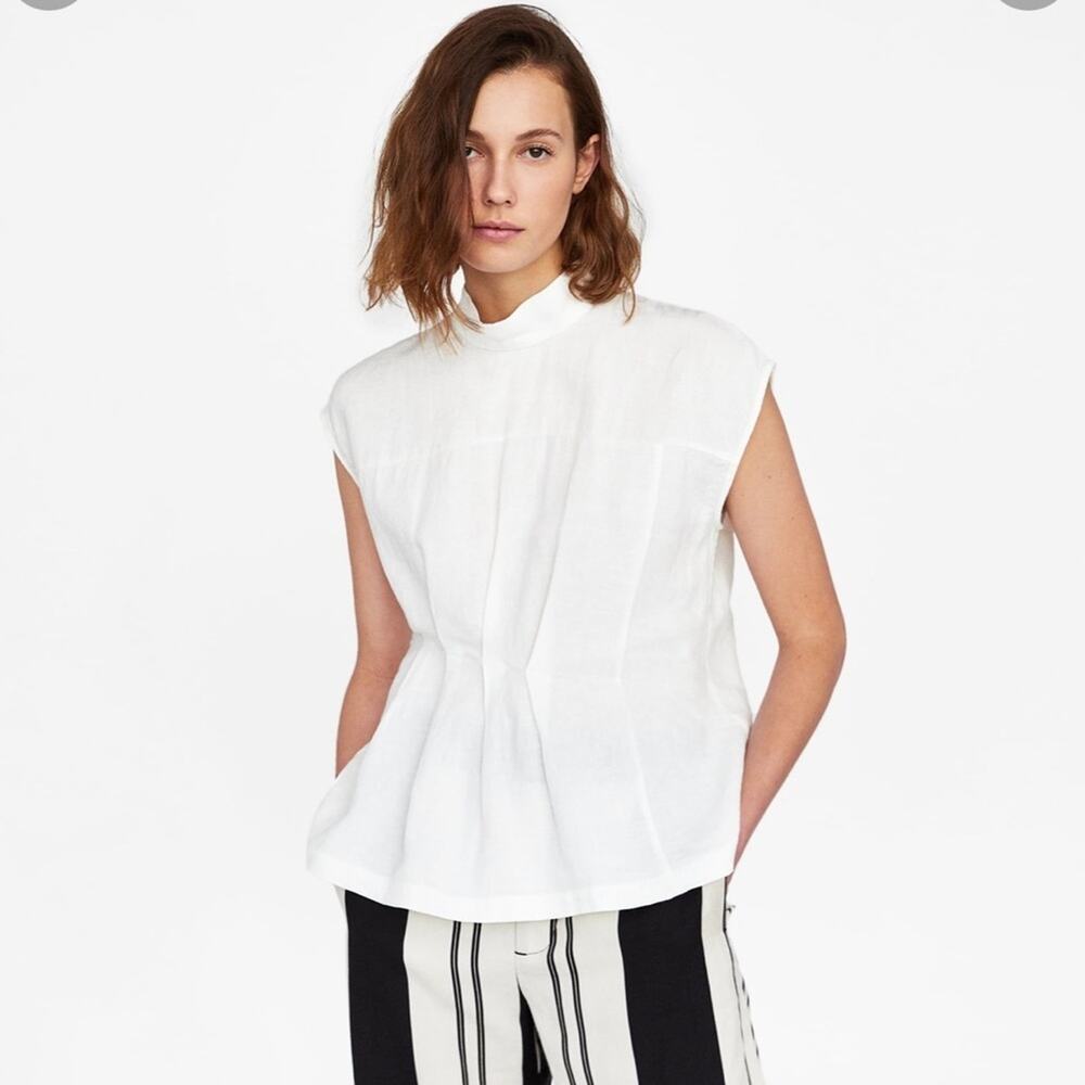ZARA Linen Pleated Sleeveless Blouse Size S in White